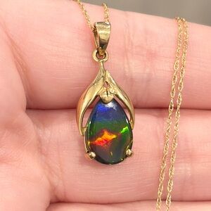 14K Korite Ammolite Necklace, Rainbow Triplet, Tie Dye Colors, Dainty Chain